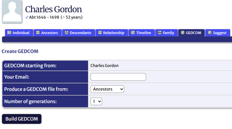 Charles Gordon GEDCOM output screenshot