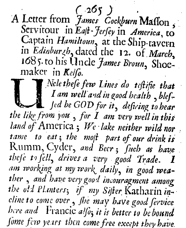 Extract 1 of letter by John Cockburn 1685