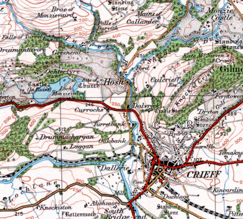 Map showing Loch Monzievaird relative to Crieff on a 1930 OS map