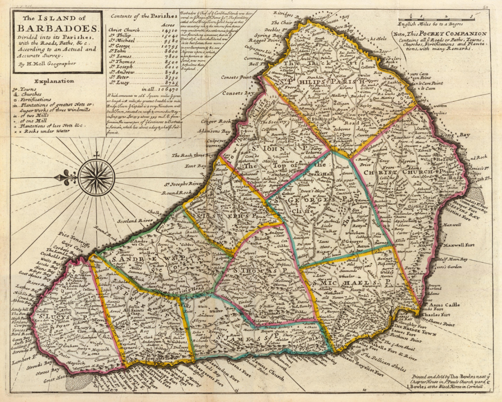 Map of Barbados by Herman Moll 1736