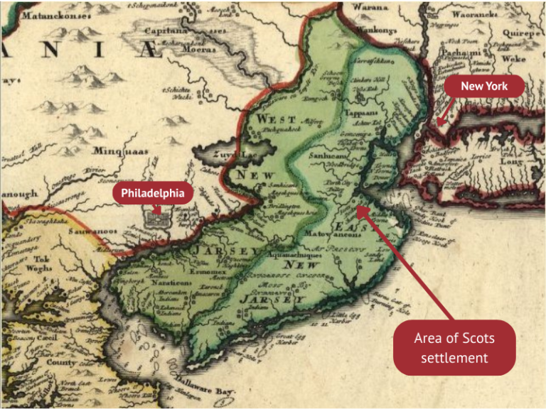East and West Jersey map from 1714 with New York, Philadelphia and area of Scots settlement added